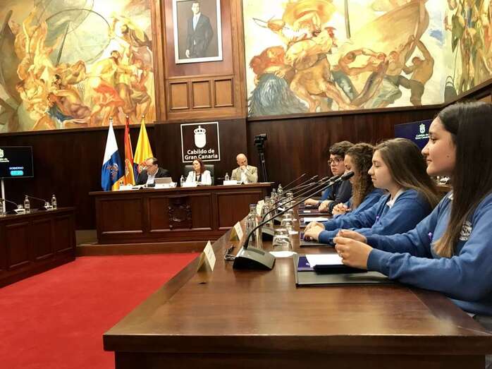 Alumnos del colegio teldense, ayer en el salón de Plenos del Cabildo grancanario (Foto TA)